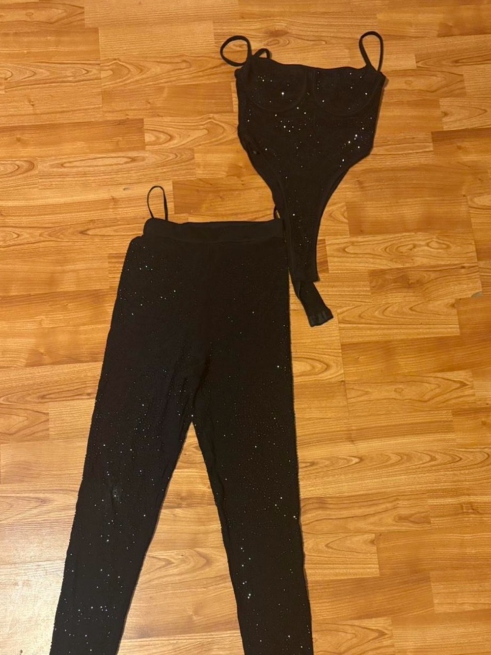 Fashion Nova Black Sparkle Bodysuit and High-Waist Pants Set